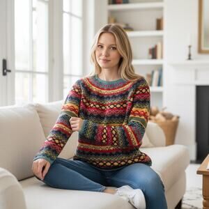 Soft Fair Isle Nordic Sweater Women XL Multicolor Cozy Winter Knit Pullover